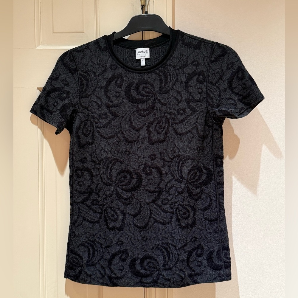 Armani Collezioni Black Floral Print Short Sleeve Top